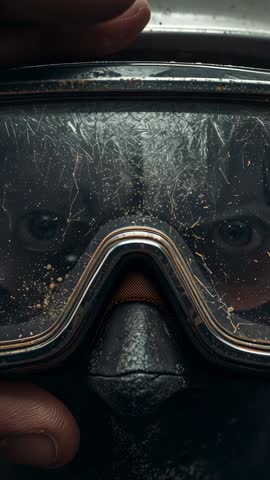 Rider peering through scuffed goggles while gripping visor, dusty helmet closeup vertical action