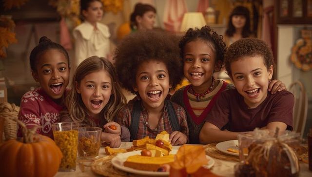 Joyful Children Celebrating Fall with Pie and Friends