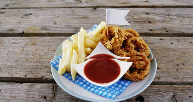 This image shows a plate of crispy French fries and fried onion rings accompanied by ketchup on a rustic wooden table, with a blue-checkered napkin underneath. Perfect for use in food blogs, restaurant websites, and promotional materials for snacks and fast food restaurants.