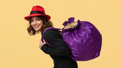 Smiling female burglar carrying purple sack with gold coins