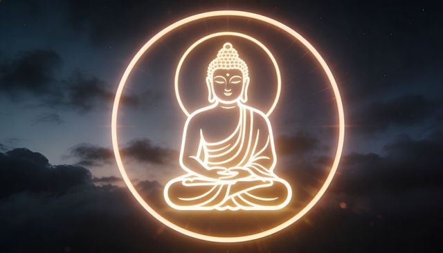 Glowing neon-line buddha meditating above clouds at twilight with halo ring, lens flare, starry sky