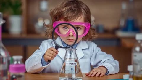 Child scientist examining Vitamin D flask with magnifying glass in classroom lab clip