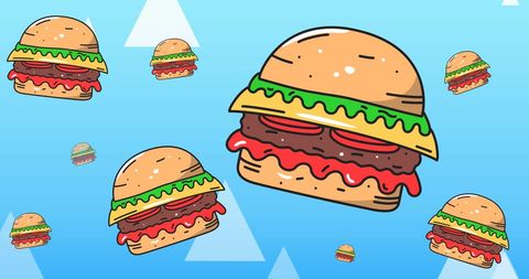 Cartoon Cheeseburgers on Blue Background with Geometric Shapes