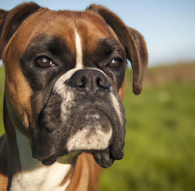 Close up of cute brown and black boxer dog over landscape. Animals, nature, dog and harmony concept.
