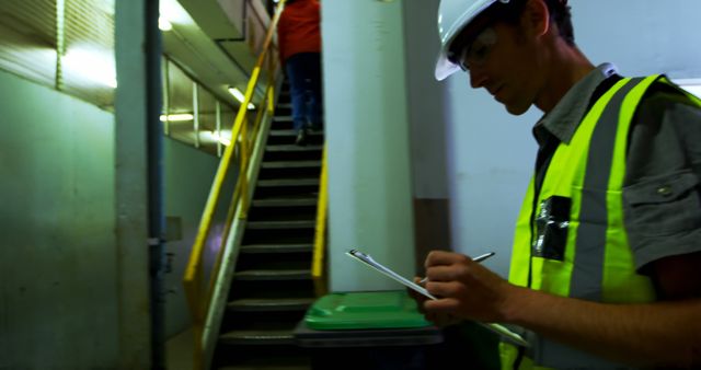 Safety inspector wearing safety vest and hard hat conducting an audit in industrial facility. Holding a clipboard and pen, likely recording observations or compliance details. Stairs in the background suggesting an in-depth inspection. Ideal for use in articles, blogs, or training materials on workplace safety, compliance audits, and industrial regulations.
