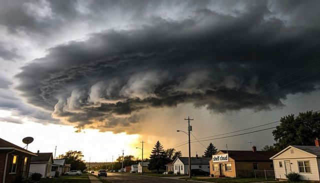 Looming massive shelf cloud swallowing sunset over suburban street with parked cars