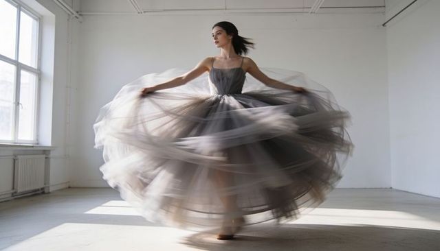 Ethereal ballerina twirling in gray tulle gown sunlit studio motion and elegance