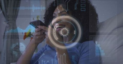 Woman speaking into smartphone on couch with augmented reality hud overlay