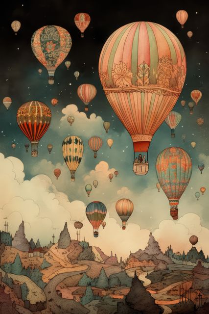 Illustration showing a whimsical fantasy landscape with colorful hot air balloons floating in a starry night sky. The dreamy scene creates an adventurous yet peaceful atmosphere ideal for use in creative projects, storytelling, children's books, fantasy-themed art collections, prints, wallpapers, and imaginative branding campaigns.