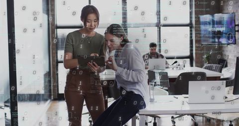 Digital Team Collaboration in Modern Office with Binary Overlay - Download Free Stock Images Pikwizard.com