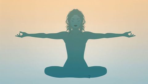 Teal Silhouette Meditating with Arms Extended Holding Mudra on Peach Blue Gradient