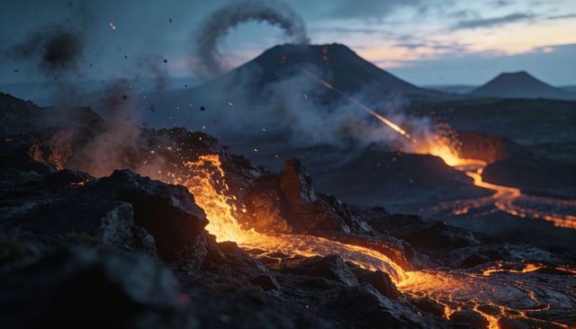 Molten lava flow snaking across volcanic plain at dusk with erupting volcano