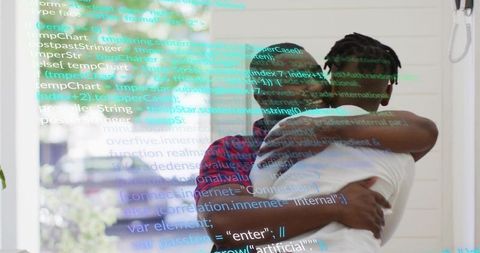 Father and Son Embracing by Glass Door with Code Overlay Conveying Digital Bond