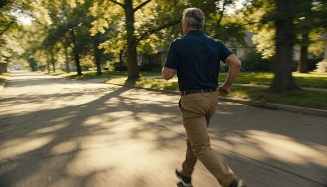 Active senior man running through sunlit suburban street wearing navy polo and khakis
