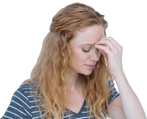 Transparent Concerned Woman Touching Forehead in Thought