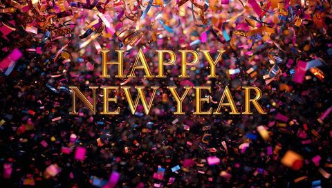 Golden Happy New Year Lettering with Colorful Confetti, Streamers and Sparkles