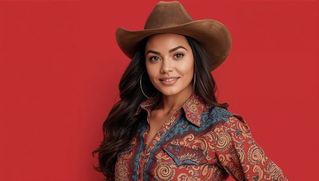 Stylish model posing with cowboy hat against red background