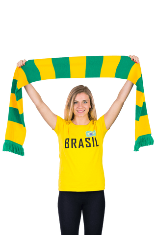 Enthusiastic fan holding brazilian colors scarf on transparent background
