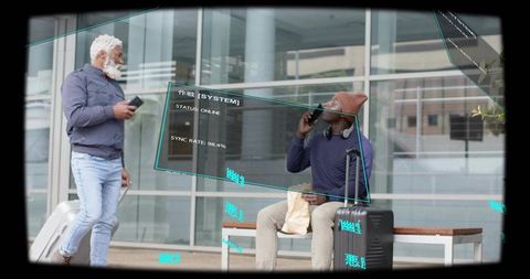 Augmented reality travel hud overlaying two travelers at urban plaza bench with luggage