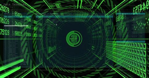 Neon Green Cyber Tunnel HUD with Converging Data Rings and Floating Holographic Interface