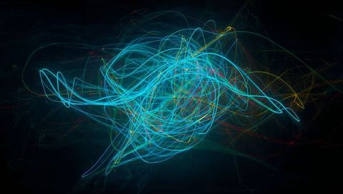 Swirling neon energy knot with glowing cyan trails and multicolor light strands on dark void
