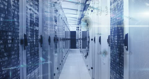Digital Data Flow in Modern Server Room with Equations Overlay