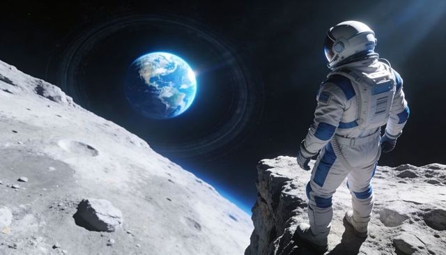 Astronaut Standing on Lunar Cliff Gazing at Earth Over Cratered Moon Landscape