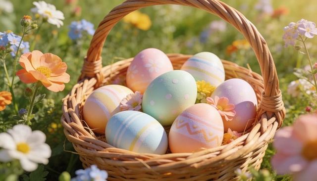 Pastel easter eggs in wicker basket nestling among sunlit wildflowers for spring decor