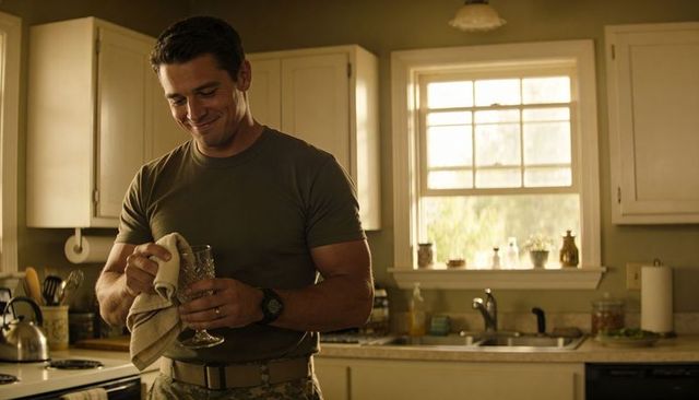 Veteran drying wine glass in sunlit kitchen, domestic calm, morning routine lifestyle