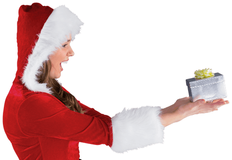 Transparent christmas girl in santa hat presenting gift box