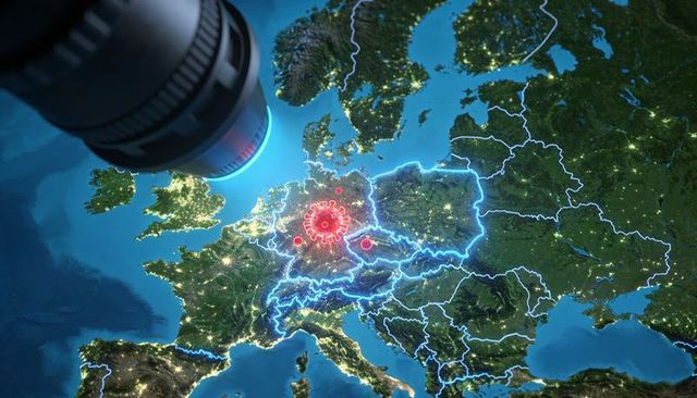 Satellite surveillance scanning coronavirus hotspot over central europe nighttime map