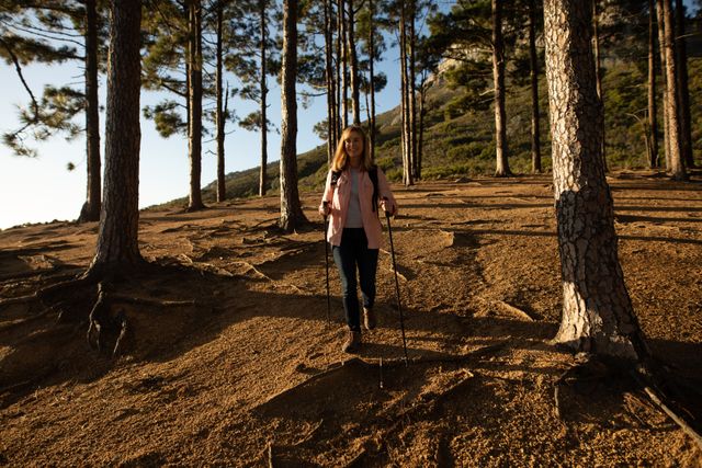 Senior woman hiking with Nordic walking sticks in a mountain forest on a sunny day. She is smiling and enjoying the outdoor activity. Ideal for promoting healthy lifestyles, senior fitness, outdoor adventures, and nature exploration.