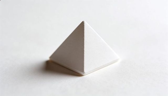 Minimal White Pyramid Sculpture Resting on High-Key Surface Matte Texture and Soft Shadow
