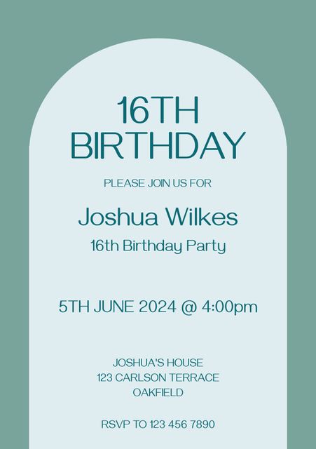Elegant minimalist invitation template designed for 16th birthday celebrations or similar formal milestones. Arch top adds a touch of sophistication. Perfect for printing or digital invitations. Suitable for both genders. Ideal for people looking for simple, yet stylish invitation formats.