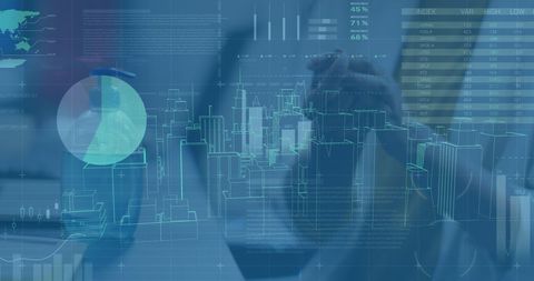 Digital Cityscape with Businesswoman Sanitizing Hands