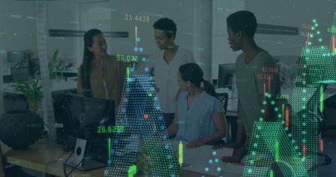 Digital financial data overlay on diverse team in office setting