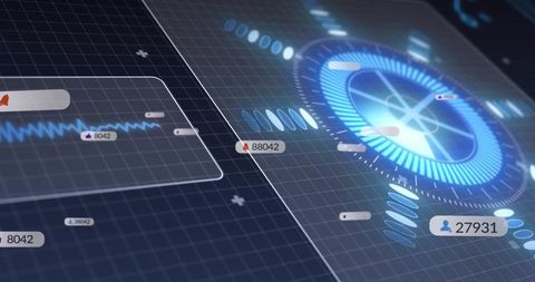 Holographic Radar Interface Scanning Neon Blue Data Dashboard with Numeric Badges