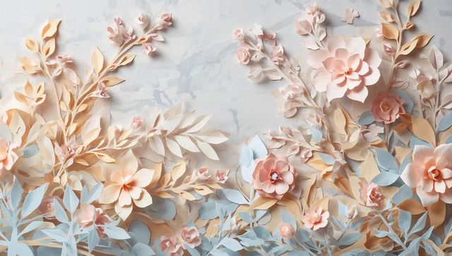 Pastel 3d paper flower arrangement on marble backdrop with layered origami blooms and pearl centers