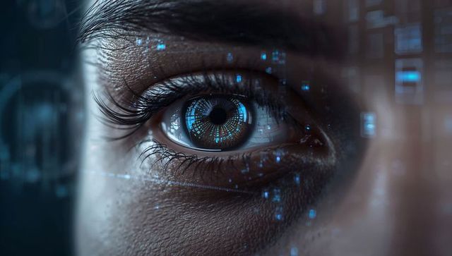 Female cybernetic eye with holographic hud overlays and neon blue augmented iris