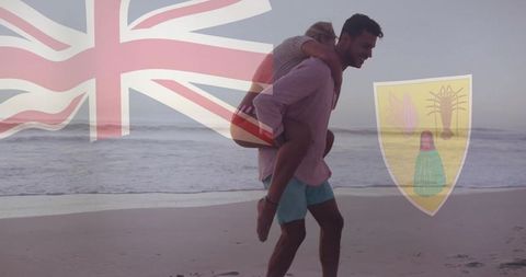 Couple walking on beach at sunrise with union jack and turks and caicos crest overlay