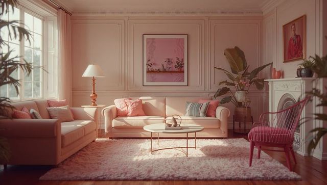 Elegant Pastel Living Room with Pink Sofa and Accent Chair