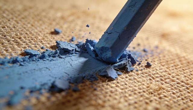 Broken blue pastel stick dragging pigment across burlap fabric close-up texture