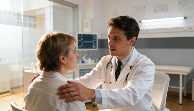 Compassionate doctor comforting middle-aged female patient during clinic consultation