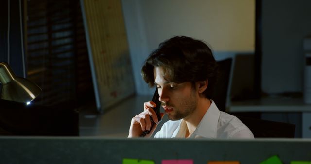 Businessman taking late night phone call in dimly lit office - Download Free Stock Images Pikwizard.com