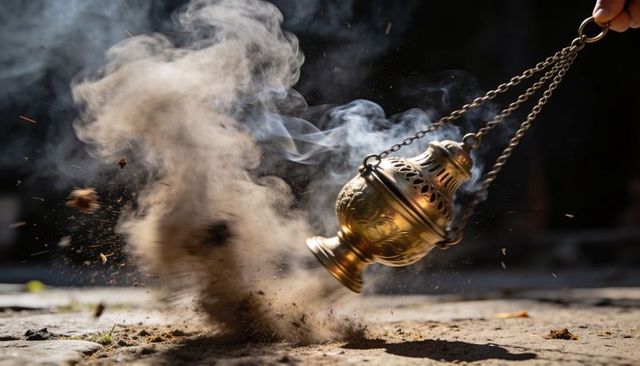Swinging brass censer releasing thick smoke and sparks over sunlit stone pavement