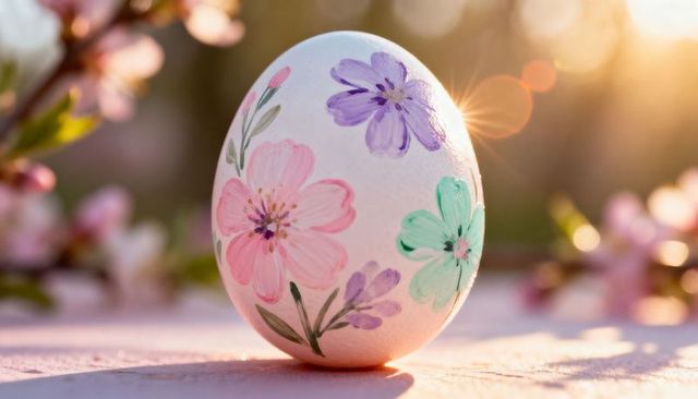 Hand-painted easter egg on slab showing pastel floral blooms with sunrise lens flare