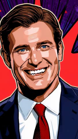 Charismatic businessman smiling in pop art vertical video with navy suit and red tie