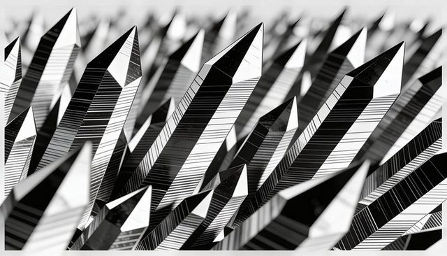 Monochrome faceted crystal spikes forming dynamic geometric cluster with striped facets