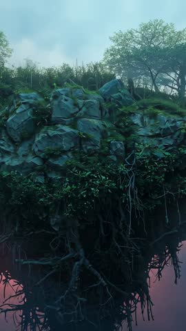 Vertical video panning upward revealing floating island with hanging roots over pink-blue sky