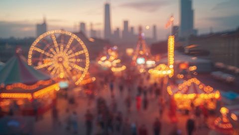 Dreamy carnival scene with ferris wheel and carousel lights at sunset